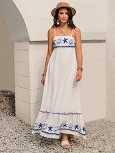 White Maxi Dress with Blue Starfish and Seashell Embroidery White