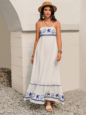 White Maxi Dress with Blue Starfish and Seashell Embroidery White