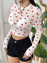White Mesh Crop Top with Red Heart Pattern Woman T Shirts