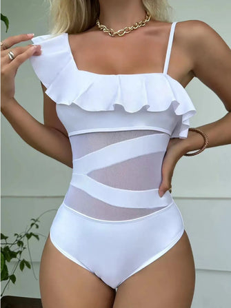 White One-Piece Swimsuit with Ruffle and Sheer Mesh Panels White