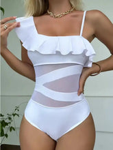 White One-Piece Swimsuit with Ruffle and Sheer Mesh Panels Swimwear