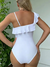 White One-Piece Swimsuit with Ruffle and Sheer Mesh Panels Swimwear