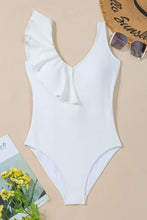 White One Piece Swimsuit with Ruffle Tie Waist and Removable Padding Swimwear