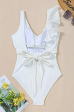 White One Piece Swimsuit with Ruffle Tie Waist and Removable Padding Swimwear
