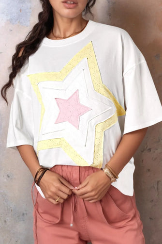 White Oversized Star Design Cotton T-Shirt for Women White