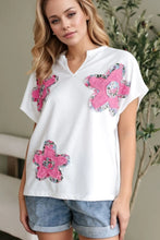 White Oversized T-Shirt with Pink Floral Appliqués White