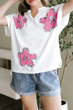 White Oversized T-Shirt with Pink Floral Appliqués Woman T Shirts