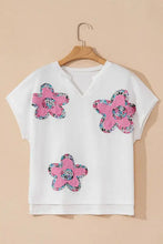 White Oversized T-Shirt with Pink Floral Appliqués Woman T Shirts