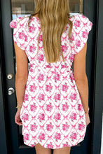 White Summer Dress with Pink Floral and Ribbon Pattern