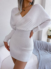 White Ribbed Knit A-Line Sweater Dress with Long Dolman Sleeves White