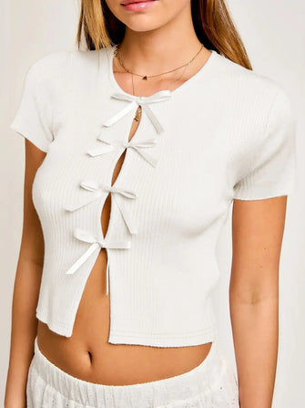 White Ribbed Knit Tie Front Top with Ribbon Bows White