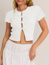 White Ribbed Knit Tie Front Top with Ribbon Bows Woman T Shirts