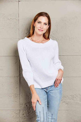 White Ribbed Off Shoulder Sweater with Long Sleeves for Women White