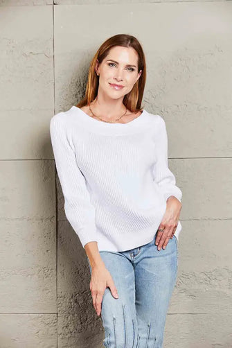 White Ribbed Off Shoulder Sweater with Long Sleeves for Women White Sweater Pullovers