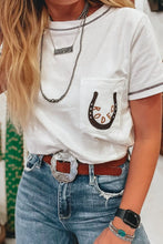 White Rodeo Horseshoe Embroidered Pocket T Shirt for Women White
