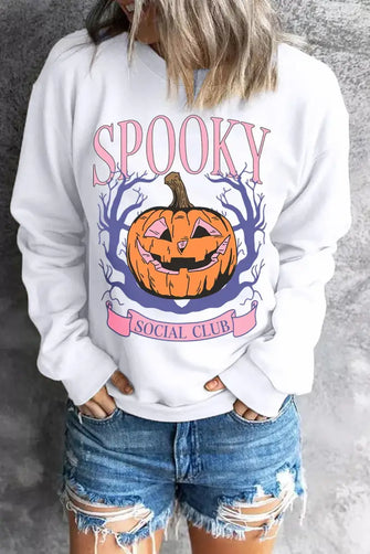Jack-O'-Lantern Round Neck Long Sleeve Sweatshirt White Woman Sweatshirts