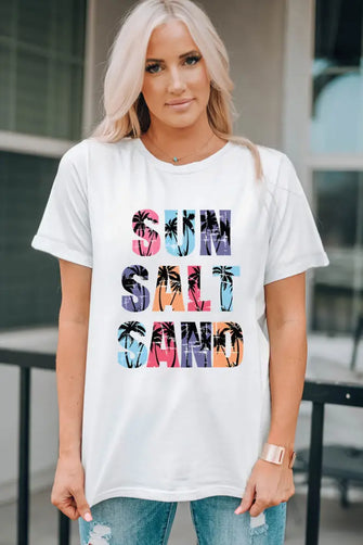 Letter Graphic Round Neck Tee White Woman T Shirts