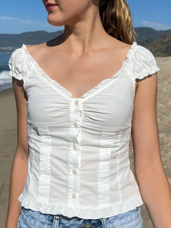 White Ruffled Button Down Blouse for Women White