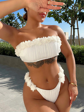 White Ruffled Floral Trim Bikini Set with Removable Padding White