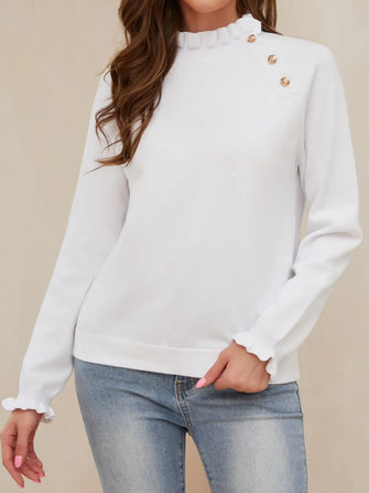 White Ruffled Neck Sweater with Decorative Button Detail White