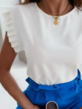 White Ruffled Round Neck Cap Sleeve Blouse for Women