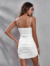 White Satin Ruched Mini Dress with Cowl Neck