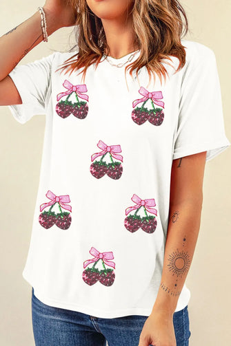 White Sequin T Shirt with Ballet Slipper and Cherry Bow Pattern for Women White