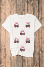 White Sequin T Shirt with Ballet Slipper and Cherry Bow Pattern for Women