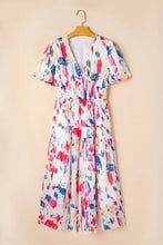 Anthropologie white short puff sleeve tiered midi dress with abstract print