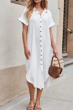 White short sleeve button-down shirt dress with V-neck and high-low hem