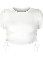 White short sleeve drawstring crop top with ruched sides and tie details