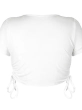 White short sleeve drawstring crop top with adjustable ruched sides
