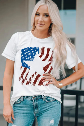 US Flag Graphic Round Neck Tee White Woman T Shirts