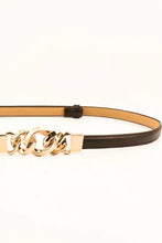 White skinny belt with gold chain buckle and brown leather strap