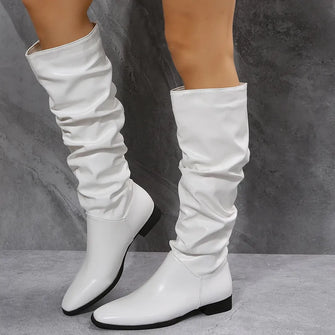 White Slouchy Knee High Boots Feature Synthetic Leather for Women White