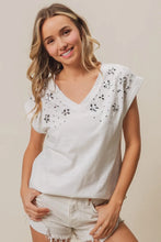 White Slub Jersey Rhinestone V-Neck T-Shirt for Women OFF WHITE