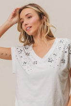 White Slub Jersey Rhinestone V-Neck T-Shirt for Women