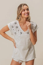 White Slub Jersey Rhinestone V-Neck T-Shirt for Women