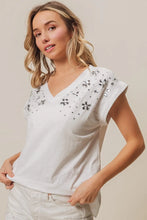 White Slub Jersey Rhinestone V-Neck T-Shirt for Women
