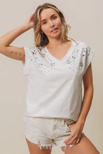 White Slub Jersey Rhinestone V-Neck T-Shirt for Women