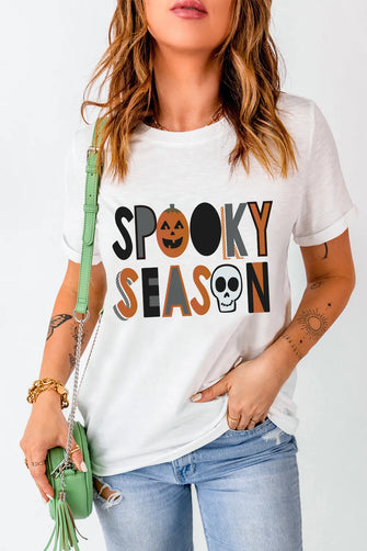 White Spooky Season Graphic T Shirt for Women White