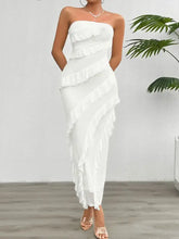 Weißes trägerloses Maxikleid mit Rüschen Maxikleider