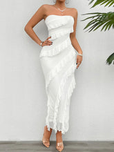 White Strapless Ruffled Maxi Dress