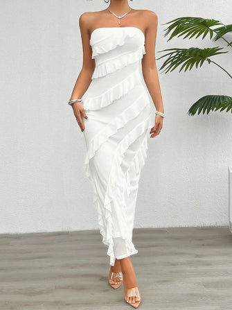 White Strapless Ruffled Maxi Dress White