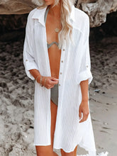 White Striped Buttoned Beach Cover-Up for Women White One Size