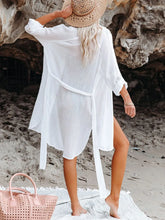 White Striped Buttoned Beach Cover-Up for Women