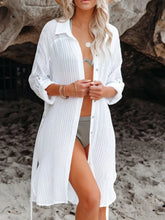 White Striped Buttoned Beach Cover-Up for Women
