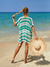 White Striped Crochet Beach Cover Up in Green and White