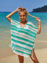 White Striped Crochet Beach Cover Up in Green and White