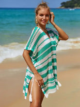 White Striped Crochet Beach Cover Up in Green and White Swimwear Cover-Ups